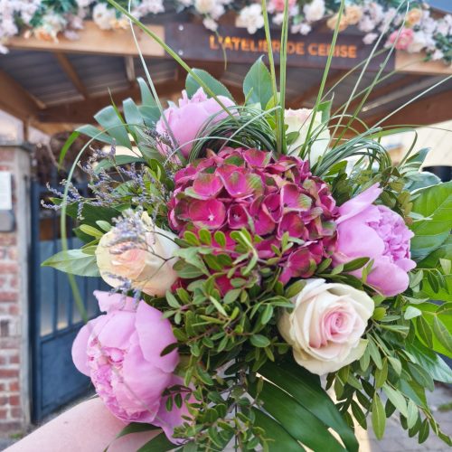 bouquet roses, pivoines, hortensia